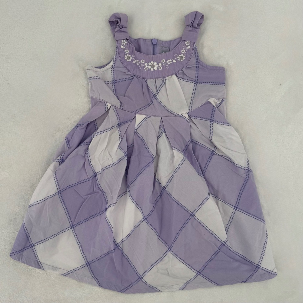 Carters Girls Purple & White Diamond Plaid Floral Embroidered Sun Dress Size 2T